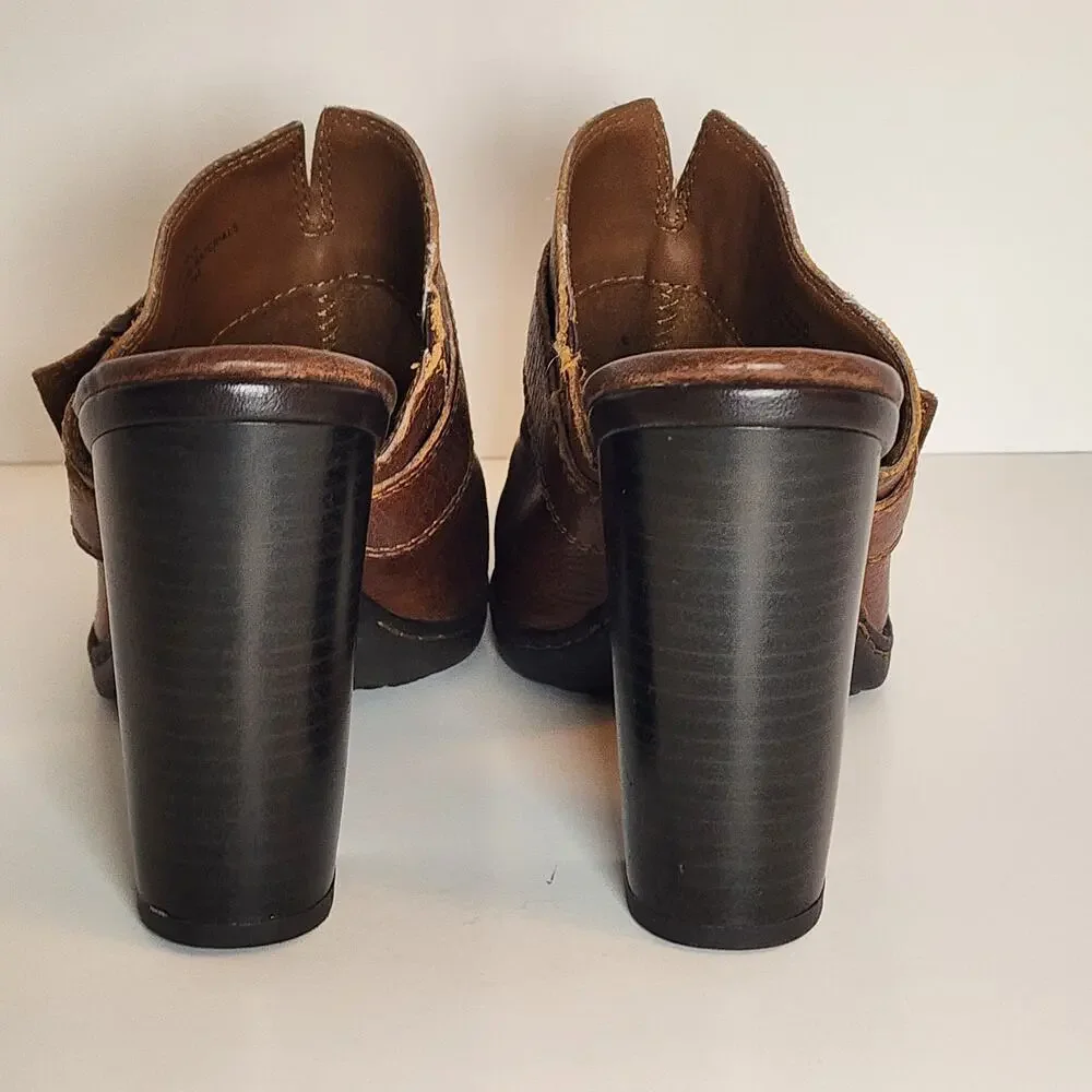 BOC Brown Leather‎ Slip On Clogs Stacked Heel Women's SZ 8